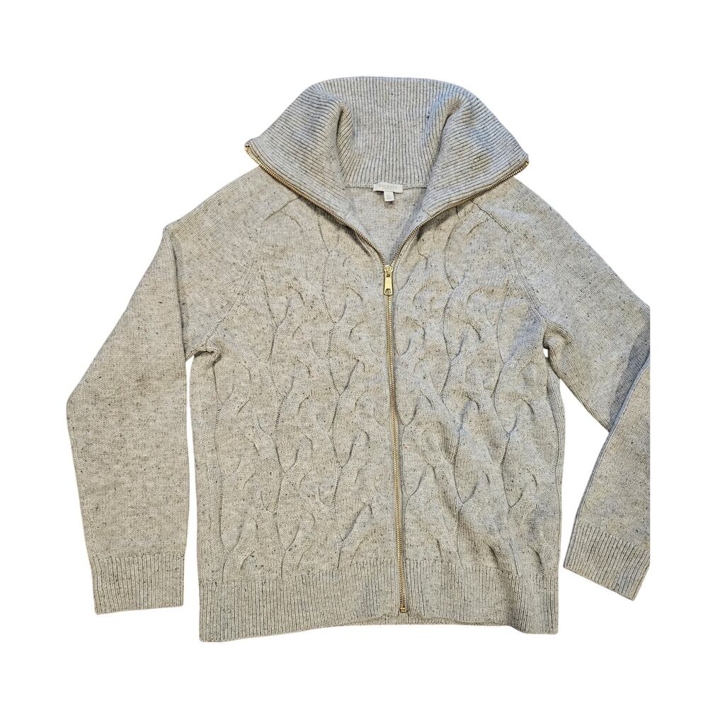 Talbots cableknit full zip cardigan sweater jacket womens meduum gray petite